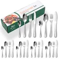 24-piece gold stainless steel cutlery set with minimalist double lines in a premium gift box - Silver Style (Green Box)