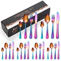 Rainbow stainless steel cutlery set with knife, fork, and spoons in elegant gift box - 24-piece Iridescent Packaging (black Box)