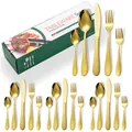 Set posate lusso 24 pezzi in acciaio inox dorato martellato con elegante confezione regalo - Scatola Verde / Coltello Forchetta Cucchiaio Grande Cucchiaio Piccolo Forchetta da Dessert Collezione / Oro