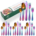 Set di posate in acciaio inox arcobaleno con manico martellato e scatola regalo inclusa - Scatola Verde / Coltello Forchetta Cucchiaio Grande Cucchiaio Piccolo Forchetta da Dessert Collezione / Bianco AB