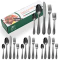 Ménagère 20 pièces noire mate en acier martelé avec son coffret cadeau vert - Boîte Verte / Couteau Fourchette Grande Cuillère Petite Cuillère Fourchette à Dessert Collection / Noir