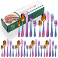 Ménagère 24 pièces en acier inoxydable arc-en-ciel avec manches martelés et boîte cadeau - Boîte Verte / Couteau Fourchette Cuillère Cuillère à Thé Collection Pour Six Personnes / Couleur AB