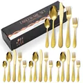 Ménagère en acier inoxydable martelé doré avec boîte cadeau noire haut de gamme - Boîte Noire / Collection de Couverts Avec Fourchette à Dessert / Or