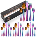 Ménagère 24 pièces en acier inoxydable arc-en-ciel avec manches martelés et boîte cadeau - Boîte Noire / Collection de Couverts Avec Fourchette à Dessert / Couleur AB