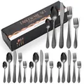 Ménagère de 5 pièces en acier inoxydable noir mat martelé avec poignées texturées - Boîte Noire / Collection de Couverts Avec Fourchette à Dessert / Noir