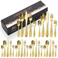 Ménagère dorée en acier inoxydable martelé de 4 pièces avec sa boîte cadeau élégante - Boîte Noire / Couteau Fourchette Cuillère Cuillère à Thé Collection Pour Six Personnes / Or