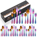 Ménagère 24 pièces en acier inoxydable arc-en-ciel avec texture martelée élégante - Boîte Noire / Couteau Fourchette Cuillère Cuillère à Thé Collection Pour Six Personnes / Couleur AB