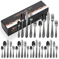Service de couverts 24 pièces en acier inoxydable noir martelé avec boîte cadeau de luxe - Boîte Noire / Couteau Fourchette Cuillère Cuillère à Thé Collection Pour Six Personnes / Noir