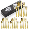 Ménagère 24 pièces en acier inoxydable doré martelé avec boîte de rangement cadeau - Nouvelle Boîte Noire / Couteau Fourchette Grande Cuillère Petite Cuillère Fourchette à Dessert Collection / Or