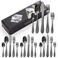 Ménagère 20 pièces en acier inoxydable martelé noir avec finition mate et boîte cadeau - Nouvelle Boîte Noire / Couteau Fourchette Grande Cuillère Petite Cuillère Fourchette à Dessert Collection / Noir