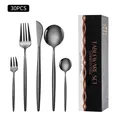 30-piece matte black stainless steel cutlery set with elegant long handles and gift box - Black / Black Box