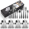 Service de couverts 20 pièces en acier inoxydable noir avec texture martelée et boîte - Nouvelle Boîte Noire / Couteau Fourchette Cuillère Cuillère à Thé Collection Pour Six Personnes / Noir