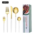 30-piece modern gold and white stainless steel cutlery set with elegant gift box - Platinum / Green Box