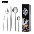 30-piece silver stainless steel cutlery set with modern slim handles in a black gift box - Original Steel / New Black Box