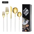 Ménagère de 20 pièces en acier inoxydable doré avec manches blancs dans un coffret cadeau noir - Nouvelle Boîte Noire / Ensemble de 20 Pièces / Platine