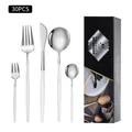 30-piece silver and white stainless steel cutlery set with black gift box packaging - White Silver / New Black Box