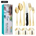 Golden 24-piece stainless steel cutlery set including steak knives and spoons - Green Box / Gold