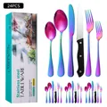 24-piece rainbow iridescent stainless steel cutlery set with mint green storage box - Green Box / AB Color