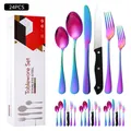 24-piece rainbow stainless steel cutlery set with steak knives and spoons in a gift box - White Box / AB Color
