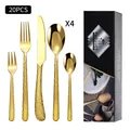 Ménagère 20 pièces en acier inoxydable martelé doré avec élégant coffret cadeau noir - Ensemble de couverts (Nouvelle boîte noire) / Or