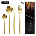 24-piece golden stainless steel cutlery set with hammered texture and gift box - Tree Texture (Black Box) / Gold