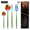 24-piece rainbow iridescent cutlery set with hammered handles in a black gift box - Tree Texture (Black Box) / Colorful