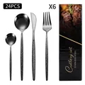 24-piece black stainless steel cutlery set with elegant bark texture handles and gift box - Tree Texture (Black Box) / Black