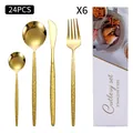 24-piece golden stainless steel cutlery set with hammered texture and gift box - Tree Texture (White Box) / Gold