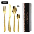 Ménagère 24 pièces en acier inoxydable doré avec manche martelé et coffret cadeau - Ensemble de couverts (Boîte noire) / Or