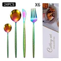 24-piece rainbow titanium stainless steel cutlery set with non-slip handles for 6 people - Tree Texture (White Box) / Colorful