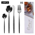 24-piece black titanium cutlery set with textured hammered handles in a gift box - Tree Texture (White Box) / Black