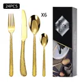Ménagère de 24 pièces en acier inoxydable doré avec manche martelé et coffret noir - Ensemble de couverts (Nouvelle boîte noire) / Or