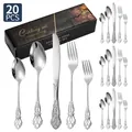 Ménagère 20 pièces vintage en acier inoxydable avec reliefs et boîte cadeau noire - 20 pièces / Argent