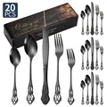Ménagère 20 pièces en acier inoxydable noir mat avec motifs vintage gravés et boîte cadeau - 20 pièces / Noir