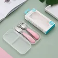 Pink 304 stainless steel toddler fork and spoon set with transparent storage case - 304 Pink Spoon And Fork With Portable Box