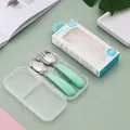 Green stainless steel baby cutlery set with cartoon spoon and fork in travel storage case - 304 Green Spoon And Fork With Portable Box