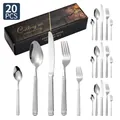 Ménagère de 20 pièces en acier inoxydable argenté avec manches striés et coffret cadeau - Ensemble de 20 Pièces / Argent