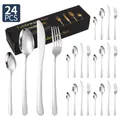 Elegant 24-piece silver stainless steel cutlery set with premium black display box - Silver