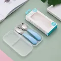 Blue 304 stainless steel toddler spoon and fork set with portable storage case - 304 Blue Spoon And Fork With Portable Box