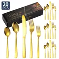 Set posate da 20 pezzi in acciaio inox dorato con manico squadrato e scatola regalo - Set Coltello Forchetta Cucchiaio / Oro