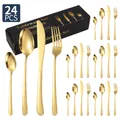 Elegant 24-piece golden stainless steel cutlery set with mirror finish in black gift box - Gold