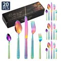 Ménagère 20 pièces en acier inoxydable arc-en-ciel avec boîte cadeau noire élégante - Ensemble de 20 Pièces / Coloré
