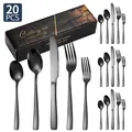 Set posate da 20 pezzi in acciaio inossidabile nero opaco con manico squadrato e scatola - Set Coltello Forchetta Cucchiaio / Nero