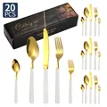 Service de couverts luxe 20 pièces en acier inoxydable or et blanc à rayures élégantes - Ensemble de 20 Pièces / Platine
