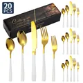 Set posate da 20 pezzi in acciaio inossidabile con finitura dorata e manici bianco opaco - Set Coltello Forchetta Cucchiaio / Platino