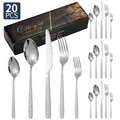 Set di posate da 20 pezzi in acciaio inox con manici a trama di corda e scatola - Coltello Forchetta Cucchiaio Cucchiaino Forchettina / Argento