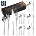Set posate moderno 24 pezzi in acciaio inox lucido con elegante scatola regalo - Set Coltello Forchetta Cucchiaio / Argento