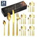Ménagère 24 pièces en acier inoxydable doré avec poignées rayées et boîte cadeau - Ensemble de 24 pièces / Or