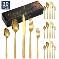 Set posate dorate da 20 pezzi in acciaio inox con manici a trama di corda e confezione regalo - Coltello Forchetta Cucchiaio Cucchiaino Forchettina / Oro