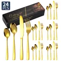 Set posate da 24 pezzi in acciaio inox dorato con manici squadrati e scatola regalo - Set Coltello Forchetta Cucchiaio / Oro